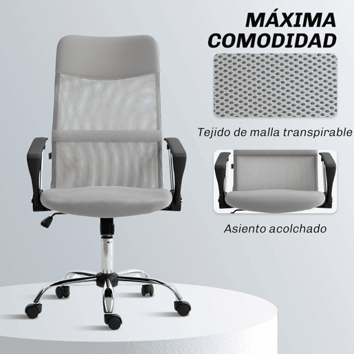 HOMCOM Cadeira de Escritório Cadeira de Secretária de Tecido de Malha Encosto para a Cabeça de PU Mecanismo de Inclinação de Encosto Alto Carga de 120 kg 63x65x109-119 cm Cinza