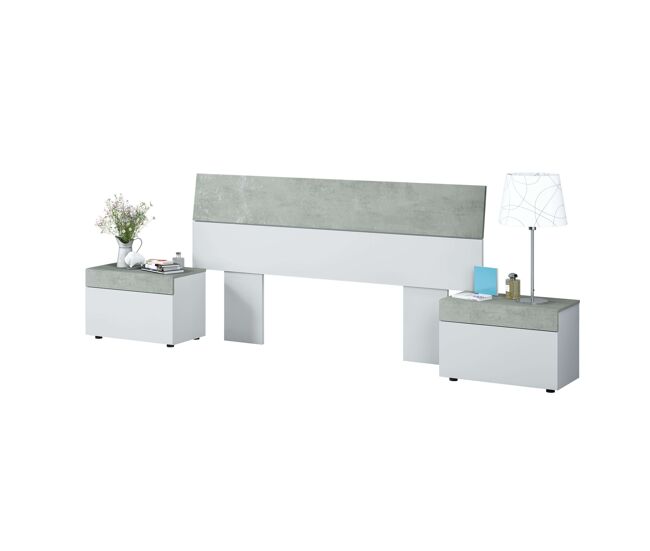 Conjunto dormitorio completo habitación principal color blanco artik y cemento (cabecero + 2 mesitas + armario + zapatero)