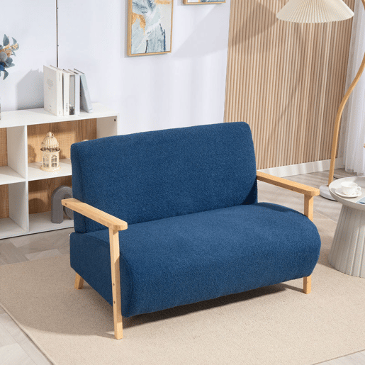 HOMCOM Sofá de 2 Lugares Estofado em Borreguito Sofá de Sala de Estar de 118 cm com Acolchoado Espesso Apoios de Braço e Pés de Madeira para Quarto Sala de Estar 118x76x78 cm Azul
