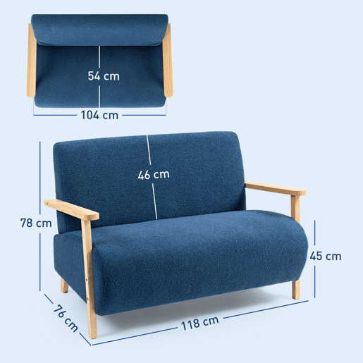 HOMCOM Sofá de 2 Lugares Estofado em Borreguito Sofá de Sala de Estar de 118 cm com Acolchoado Espesso Apoios de Braço e Pés de Madeira para Quarto Sala de Estar 118x76x78 cm Azul