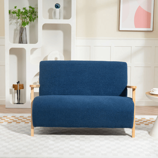 HOMCOM Sofá de 2 Lugares Estofado em Borreguito Sofá de Sala de Estar de 118 cm com Acolchoado Espesso Apoios de Braço e Pés de Madeira para Quarto Sala de Estar 118x76x78 cm Azul