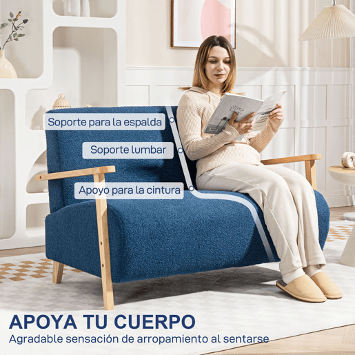 HOMCOM Sofá de 2 Lugares Estofado em Borreguito Sofá de Sala de Estar de 118 cm com Acolchoado Espesso Apoios de Braço e Pés de Madeira para Quarto Sala de Estar 118x76x78 cm Azul