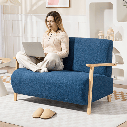 HOMCOM Sofá de 2 Lugares Estofado em Borreguito Sofá de Sala de Estar de 118 cm com Acolchoado Espesso Apoios de Braço e Pés de Madeira para Quarto Sala de Estar 118x76x78 cm Azul