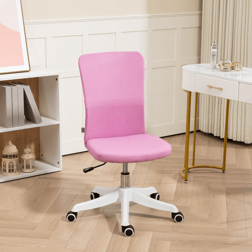 HOMCOM Cadeira de Escritório sem Apoio para os Braços Cadeira de Escritório Giratória Estofada em Linho Sintético com Altura Ajustável para Estudo Dormitório Tocador Carga 120 kg 53x43x85-93 cm Rosa