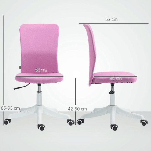 HOMCOM Cadeira de Escritório sem Apoio para os Braços Cadeira de Escritório Giratória Estofada em Linho Sintético com Altura Ajustável para Estudo Dormitório Tocador Carga 120 kg 53x43x85-93 cm Rosa