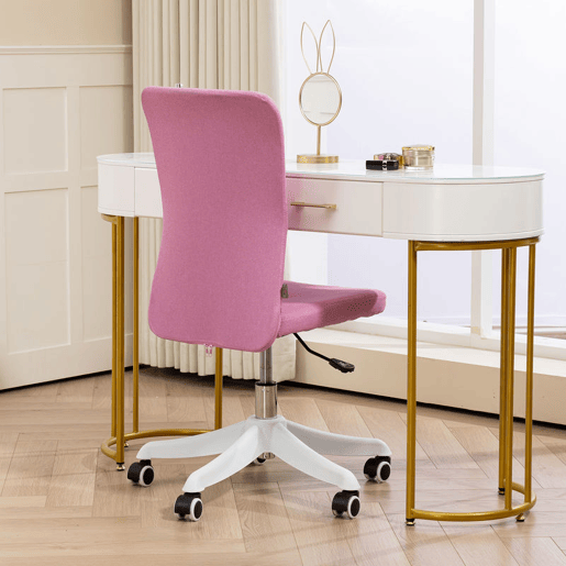 HOMCOM Cadeira de Escritório sem Apoio para os Braços Cadeira de Escritório Giratória Estofada em Linho Sintético com Altura Ajustável para Estudo Dormitório Tocador Carga 120 kg 53x43x85-93 cm Rosa