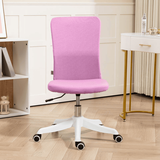 HOMCOM Cadeira de Escritório sem Apoio para os Braços Cadeira de Escritório Giratória Estofada em Linho Sintético com Altura Ajustável para Estudo Dormitório Tocador Carga 120 kg 53x43x85-93 cm Rosa