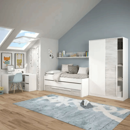 Pacote completo de móveis para quarto juvenil em branco e carvalho claro: cama + guarda-roupa + escrivaninha. Inclui bases de cama. Pacote completo de móveis para quarto juvenil em branco e carvalho claro: cama + guarda-roupa + escrivaninha. Inclui bases de cama.