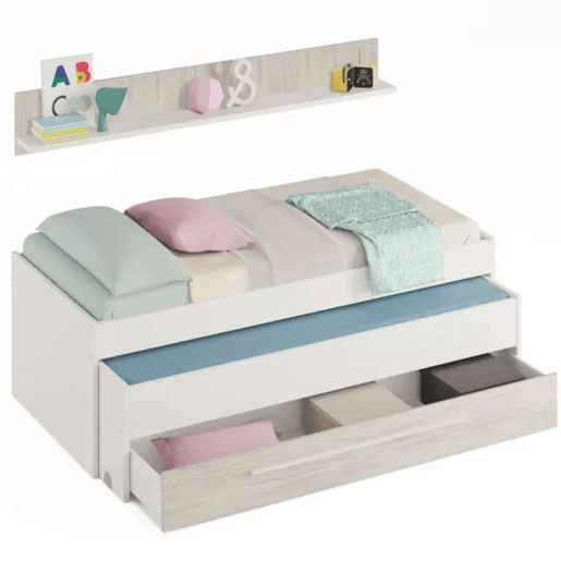 Pacote completo de móveis para quarto juvenil em branco e carvalho claro: cama + guarda-roupa + escrivaninha. Inclui bases de cama. Pacote completo de móveis para quarto juvenil em branco e carvalho claro: cama + guarda-roupa + escrivaninha. Inclui bases de cama.