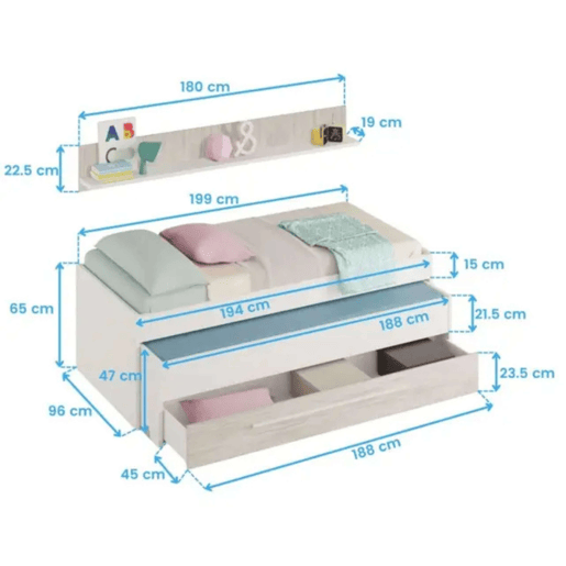 Pacote completo de móveis para quarto juvenil em branco e carvalho claro: cama + guarda-roupa + escrivaninha. Inclui bases de cama. Pacote completo de móveis para quarto juvenil em branco e carvalho claro: cama + guarda-roupa + escrivaninha. Inclui bases de cama.