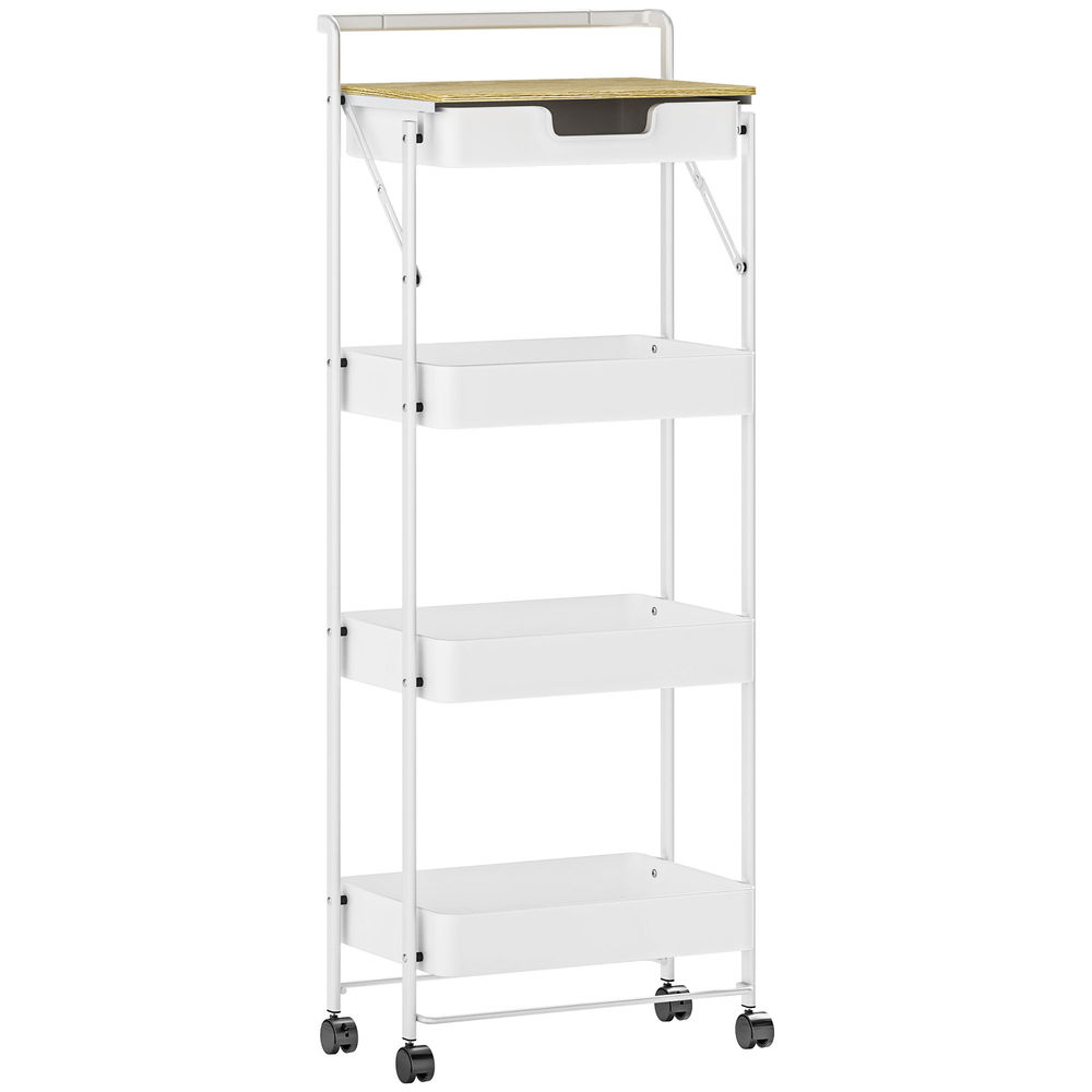Homcom carrito auxiliar con ruedas de 4 niveles carro de cocina con 1 cajón y 3 cestas carrito organizador para dormitorio salón oficina blanco