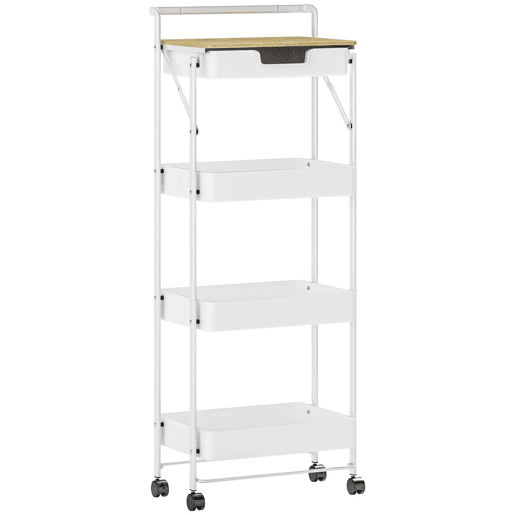 HOMCOM Carrinho Auxiliar com Rodas de 4 Níveis Carrinho de Cozinha com 1 Gaveta e 3 Cestos Carrinho Organizador para Dormitorio Sala Escritório 45x29,5x117,5 cm Branco