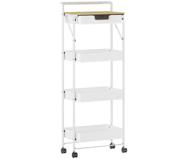 Homcom carrito auxiliar con ruedas de 4 niveles carro de cocina con 1 cajón y 3 cestas carrito organizador para dormitorio salón oficina blanco