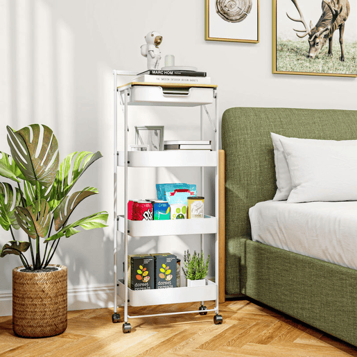 HOMCOM Carrinho Auxiliar com Rodas de 4 Níveis Carrinho de Cozinha com 1 Gaveta e 3 Cestos Carrinho Organizador para Dormitorio Sala Escritório 45x29,5x117,5 cm Branco