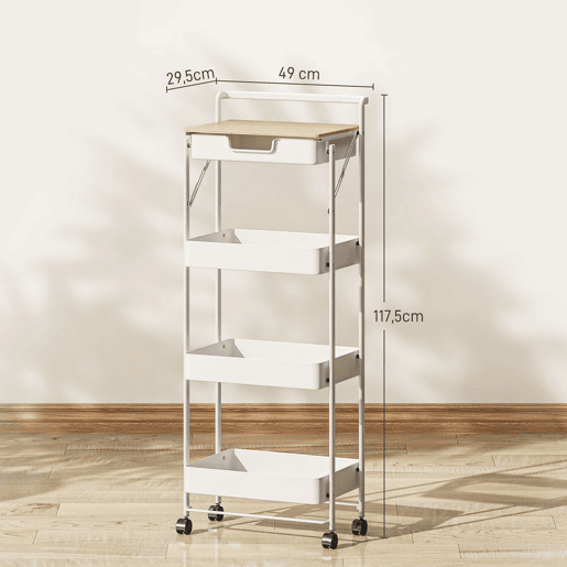 HOMCOM Carrinho Auxiliar com Rodas de 4 Níveis Carrinho de Cozinha com 1 Gaveta e 3 Cestos Carrinho Organizador para Dormitorio Sala Escritório 45x29,5x117,5 cm Branco