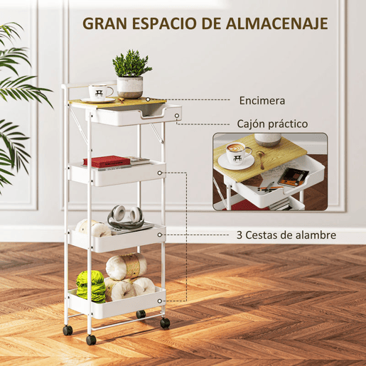 HOMCOM Carrinho Auxiliar com Rodas de 4 Níveis Carrinho de Cozinha com 1 Gaveta e 3 Cestos Carrinho Organizador para Dormitorio Sala Escritório 45x29,5x117,5 cm Branco