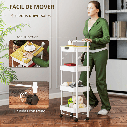 HOMCOM Carrinho Auxiliar com Rodas de 4 Níveis Carrinho de Cozinha com 1 Gaveta e 3 Cestos Carrinho Organizador para Dormitorio Sala Escritório 45x29,5x117,5 cm Branco