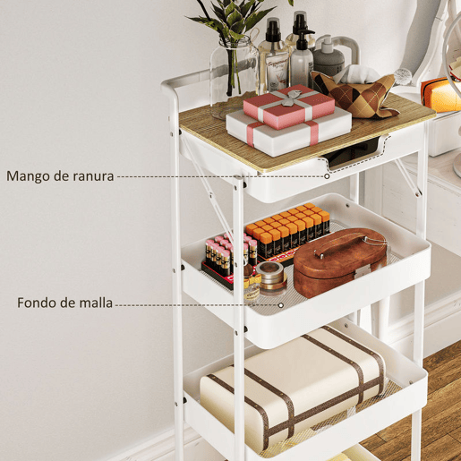 HOMCOM Carrinho Auxiliar com Rodas de 4 Níveis Carrinho de Cozinha com 1 Gaveta e 3 Cestos Carrinho Organizador para Dormitorio Sala Escritório 45x29,5x117,5 cm Branco