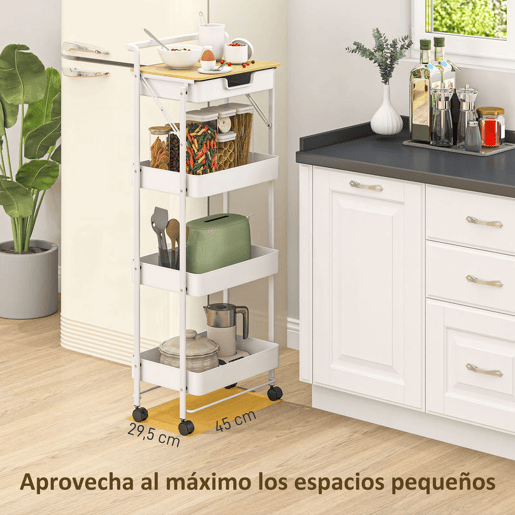 HOMCOM Carrinho Auxiliar com Rodas de 4 Níveis Carrinho de Cozinha com 1 Gaveta e 3 Cestos Carrinho Organizador para Dormitorio Sala Escritório 45x29,5x117,5 cm Branco