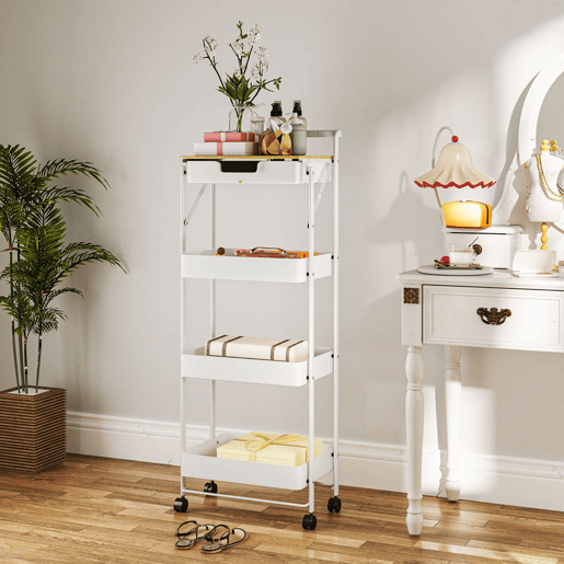 HOMCOM Carrinho Auxiliar com Rodas de 4 Níveis Carrinho de Cozinha com 1 Gaveta e 3 Cestos Carrinho Organizador para Dormitorio Sala Escritório 45x29,5x117,5 cm Branco