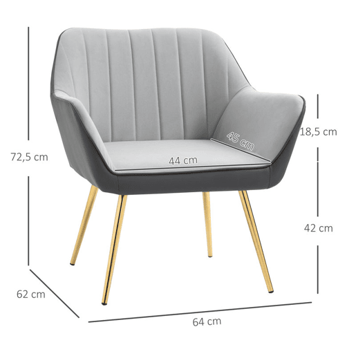 HOMCOM Poltrona de Sala de Estar Estofada em Couro Sintético e Veludo com Apoios para os Braços Pés Dourados e Estrutura de Aço Poltrona para Dormitório Carga 120 kg 64x62x72,5 cm Cinza