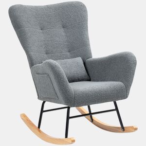 HOMCOM Poltrona Baloiço em Borrego Sintético Poltrona para Amamentação com Encosto Acolchoado Almofada e Base de Madeira de Borracha Suporta 120 kg 67x82x100 cm Cinza