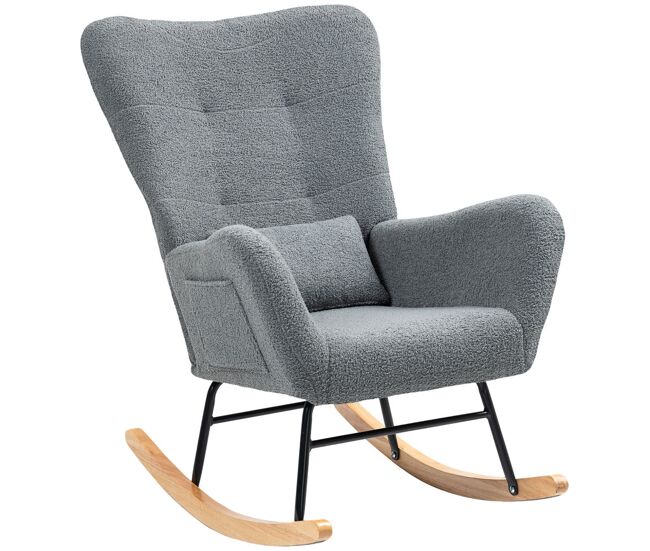 Homcom silla mecedora moderna, mecedora tapizada en terciopelo de teddy, sillón de lactancia con respaldo acolchado alto, almohada, patas de madera, bolsillo lateral, para dormitorio, salón, gris