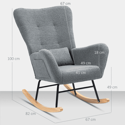 HOMCOM Poltrona Baloiço em Borrego Sintético Poltrona para Amamentação com Encosto Acolchoado Almofada e Base de Madeira de Borracha Suporta 120 kg 67x82x100 cm Cinza