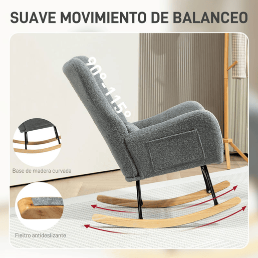 HOMCOM Poltrona Baloiço em Borrego Sintético Poltrona para Amamentação com Encosto Acolchoado Almofada e Base de Madeira de Borracha Suporta 120 kg 67x82x100 cm Cinza