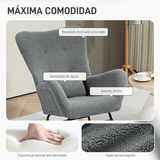 HOMCOM Poltrona Baloiço em Borrego Sintético Poltrona para Amamentação com Encosto Acolchoado Almofada e Base de Madeira de Borracha Suporta 120 kg 67x82x100 cm Cinza