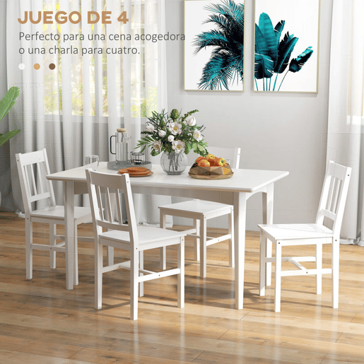 HOMCOM Conjunto de 4 Cadeiras de Sala de Jantar Cadeira de Cozinha com Encosto de Ripas Estrutura de Madeira de Pinho para Sala de Jantar Restaurante Carga Máxima 120 kg 41x46,5x85,5 cm Branco
