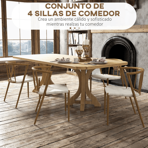 HOMCOM Conjunto de 4 Cadeiras de Sala de Estar com Assento em Corda de Papel Cadeiras de Cozinha Empilháveis Estilo Rústico Carga Máxima 120 kg 51x51x71 cm Carvalho