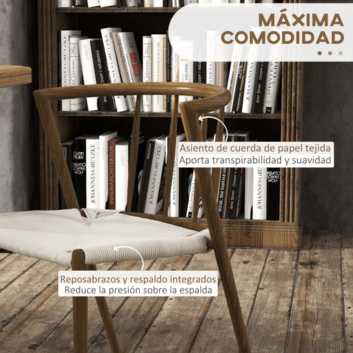 HOMCOM Conjunto de 4 Cadeiras de Sala de Estar com Assento em Corda de Papel Cadeiras de Cozinha Empilháveis Estilo Rústico Carga Máxima 120 kg 51x51x71 cm Carvalho
