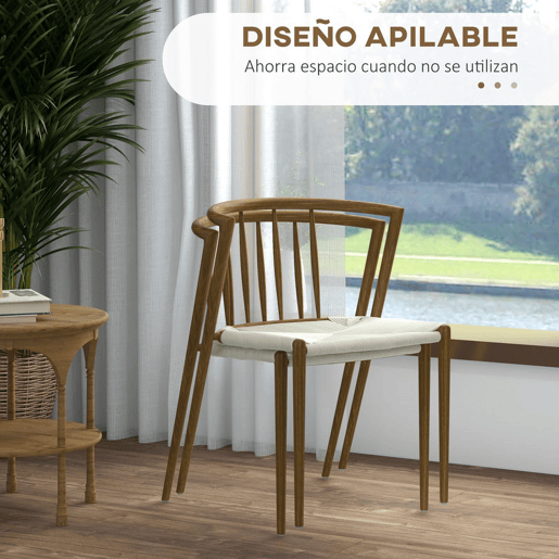 HOMCOM Conjunto de 4 Cadeiras de Sala de Estar com Assento em Corda de Papel Cadeiras de Cozinha Empilháveis Estilo Rústico Carga Máxima 120 kg 51x51x71 cm Carvalho