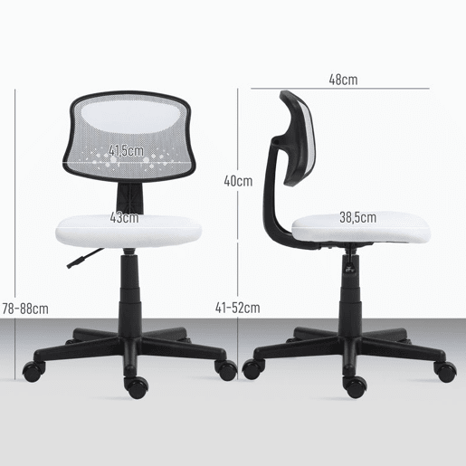 HOMCOM Cadeira de Escritório sem Apoio para os Braços Cadeira de Escritório Giratória com Encosto de Malha Respirável Altura Ajustável Carga 120 kg 43x48x78-88 cm Branco