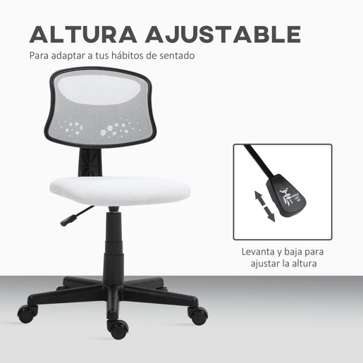HOMCOM Cadeira de Escritório sem Apoio para os Braços Cadeira de Escritório Giratória com Encosto de Malha Respirável Altura Ajustável Carga 120 kg 43x48x78-88 cm Branco