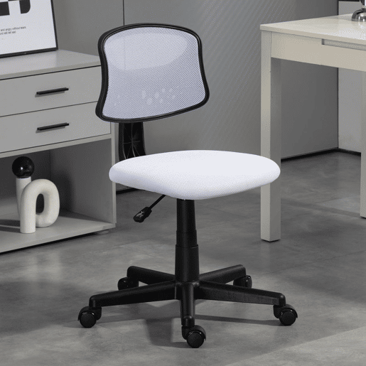HOMCOM Cadeira de Escritório sem Apoio para os Braços Cadeira de Escritório Giratória com Encosto de Malha Respirável Altura Ajustável Carga 120 kg 43x48x78-88 cm Branco