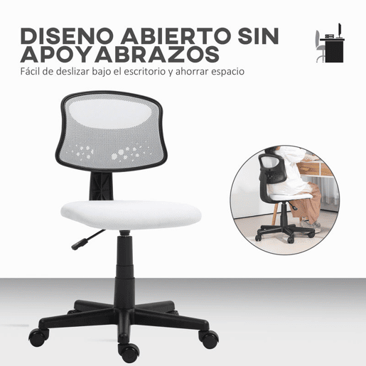 HOMCOM Cadeira de Escritório sem Apoio para os Braços Cadeira de Escritório Giratória com Encosto de Malha Respirável Altura Ajustável Carga 120 kg 43x48x78-88 cm Branco