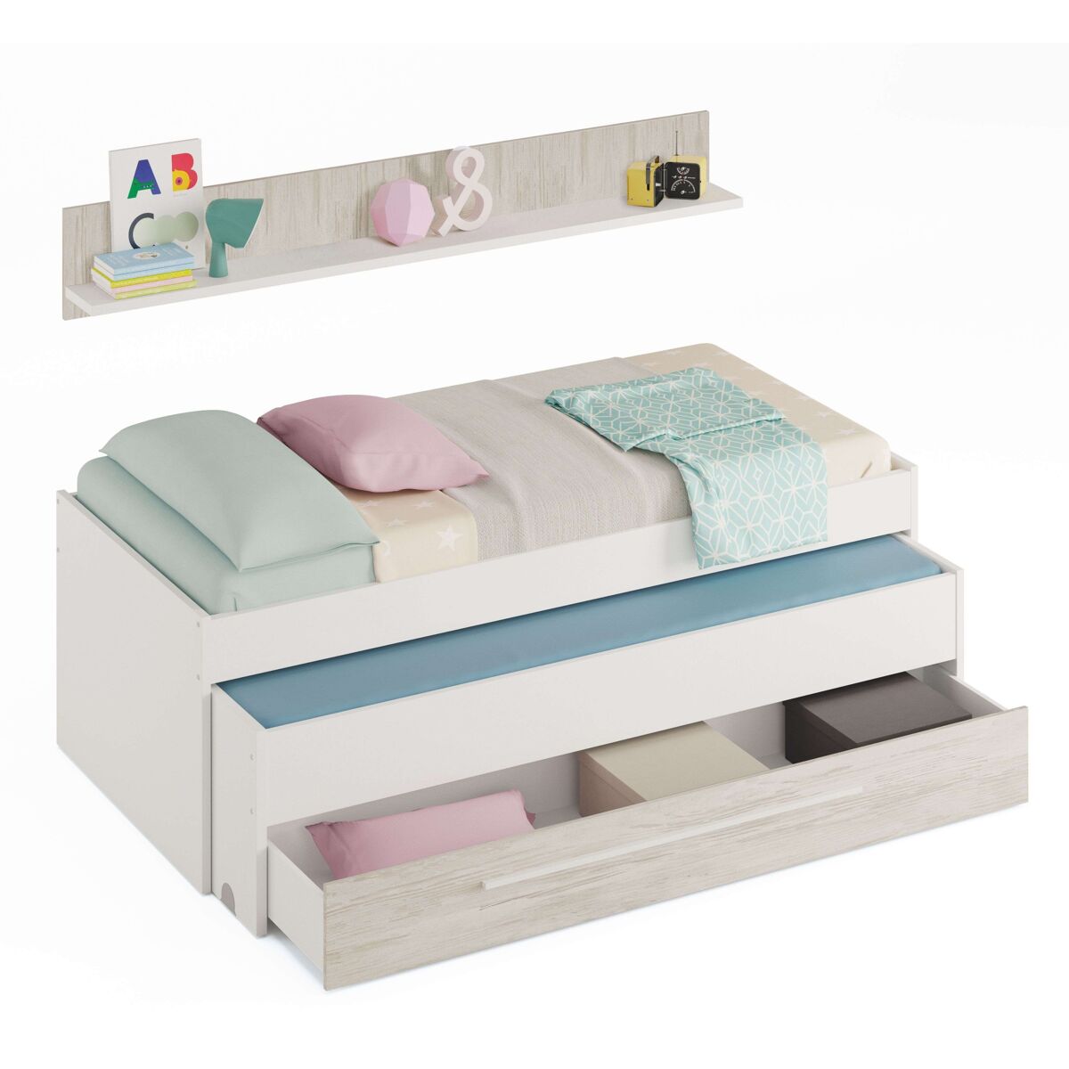 Pack muebles infantil juvenil elliot blanco (cama nido con cajonera + estantería + armario puertas correderas + somieres 90x190 cm)