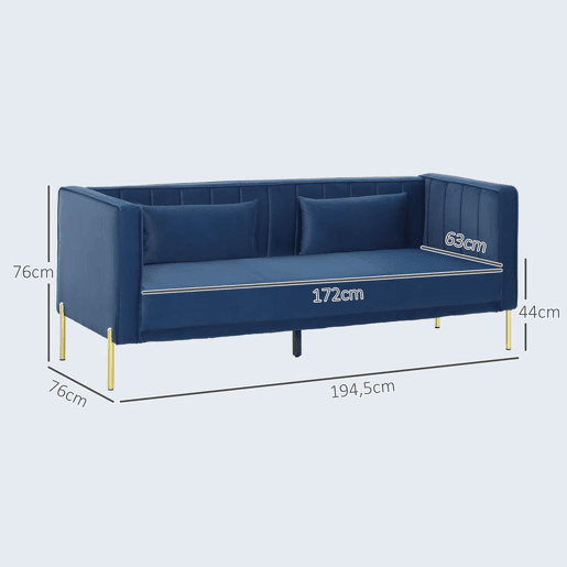 HOMCOM Sofá de 3 Lugares Sofá Sala de Estar de 194,5 cm Estofado em Veludo com 2 Almofadas Apoio para os Braços e Pés Dourados Azul Marinho