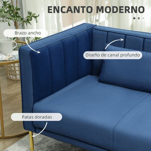 HOMCOM Sofá de 3 Lugares Sofá Sala de Estar de 194,5 cm Estofado em Veludo com 2 Almofadas Apoio para os Braços e Pés Dourados Azul Marinho