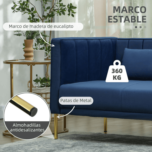 HOMCOM Sofá de 3 Lugares Sofá Sala de Estar de 194,5 cm Estofado em Veludo com 2 Almofadas Apoio para os Braços e Pés Dourados Azul Marinho