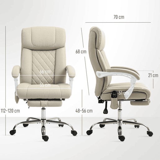 HOMCOM Cadeira de Escritório com Massagem Reclinável Cadeira Giratória com Altura Ajustável Função de Aquecimento Apoio para Pés Encosto Alto e Controlo Remoto para Estudo 66x70x112-120 cm Bege