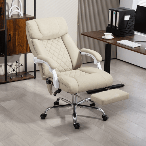 HOMCOM Cadeira de Escritório com Massagem Reclinável Cadeira Giratória com Altura Ajustável Função de Aquecimento Apoio para Pés Encosto Alto e Controlo Remoto para Estudo 66x70x112-120 cm Bege