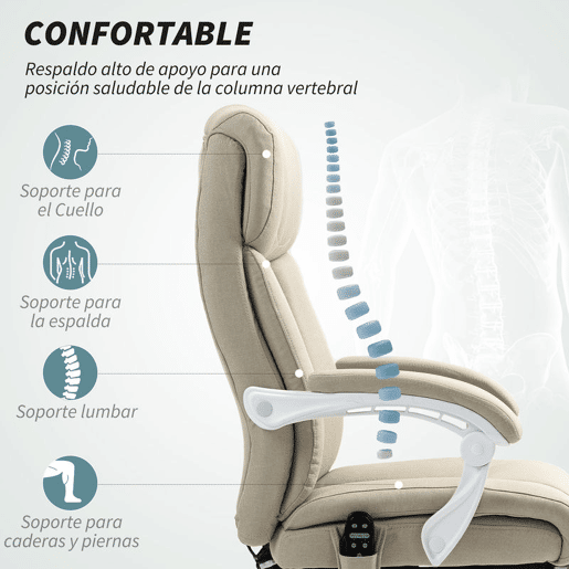 HOMCOM Cadeira de Escritório com Massagem Reclinável Cadeira Giratória com Altura Ajustável Função de Aquecimento Apoio para Pés Encosto Alto e Controlo Remoto para Estudo 66x70x112-120 cm Bege
