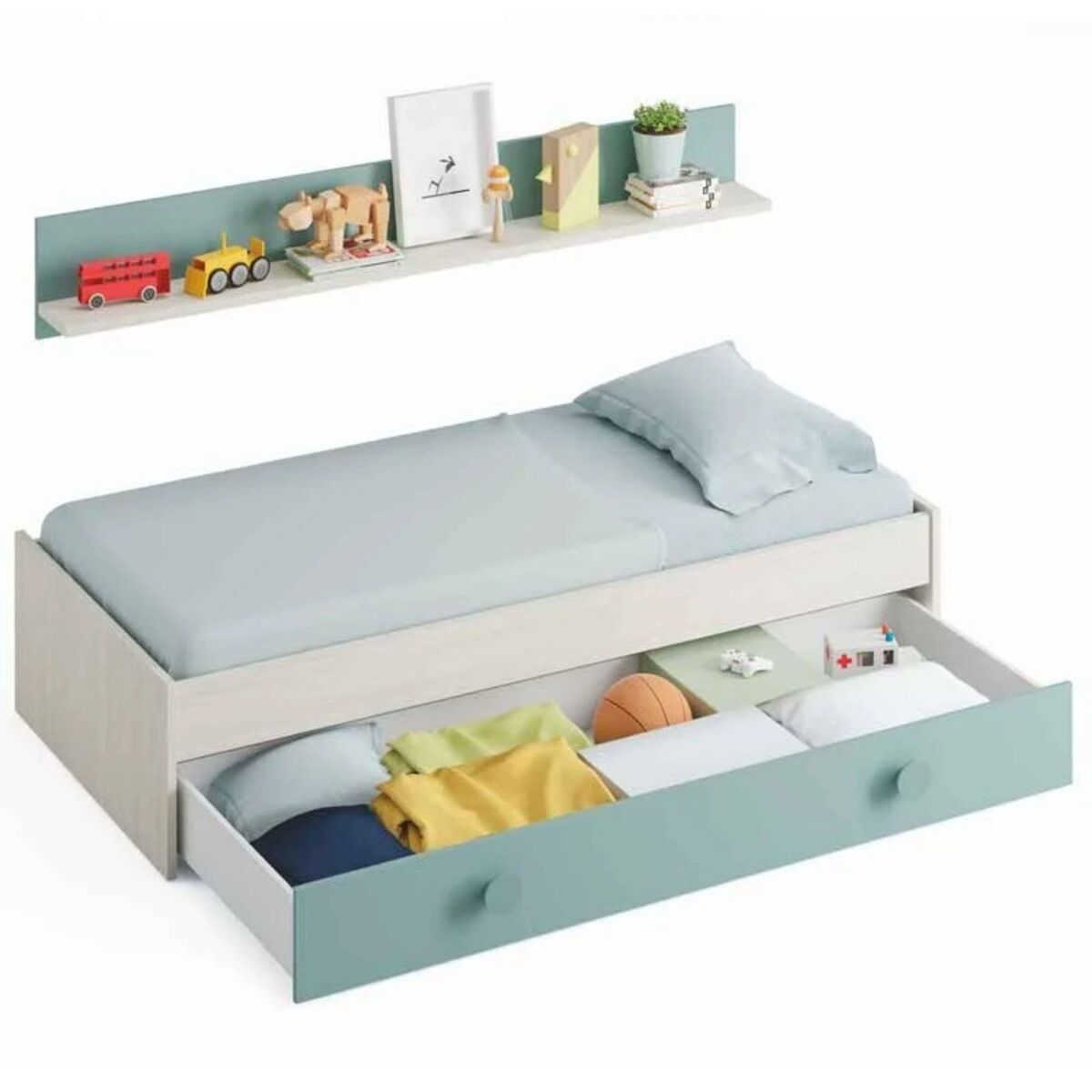 Pack muebles dormitorio juvenil cama nido estante y armario ropero verde y blanco 90x190 cm sin somier