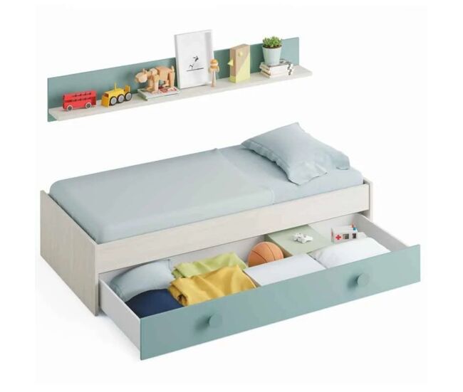 Pack muebles dormitorio juvenil cama nido estante y armario ropero verde y blanco 90x190 cm sin somier