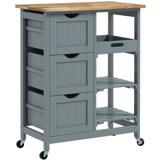 HOMCOM Carrinho de Cozinha com Rodas Carrinho de Serviço Multiuso com 3 Gavetas 2 Prateleiras Abertas e Bandeja para Sala de Jantar Sala de Estar 67x37x85,5 cm Cinzento