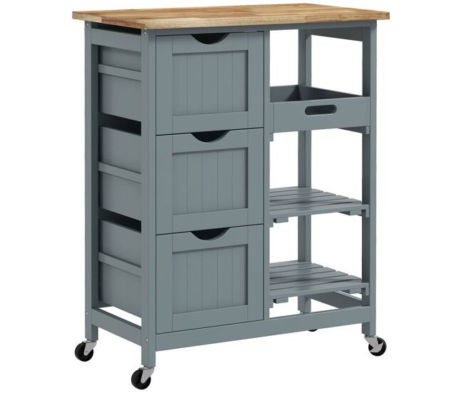 Homcom carro de cocina, carrito auxiliar con ruedas, tablero de madera, 3 cajones, 2 estantes abiertos y bandeja extraíble, para comedor salón, 67x37x85,5 cm, gris