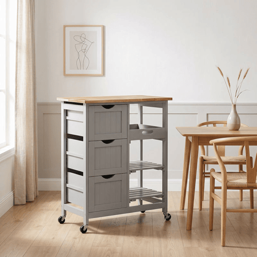 HOMCOM Carrinho de Cozinha com Rodas Carrinho de Serviço Multiuso com 3 Gavetas 2 Prateleiras Abertas e Bandeja para Sala de Jantar Sala de Estar 67x37x85,5 cm Cinzento